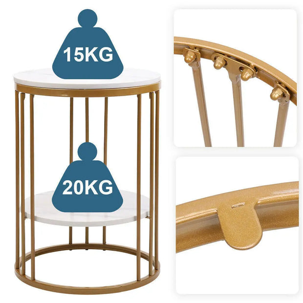 2-Tier White Marble Side Table Round Coffee Table Nightstand Jewellery Storage
