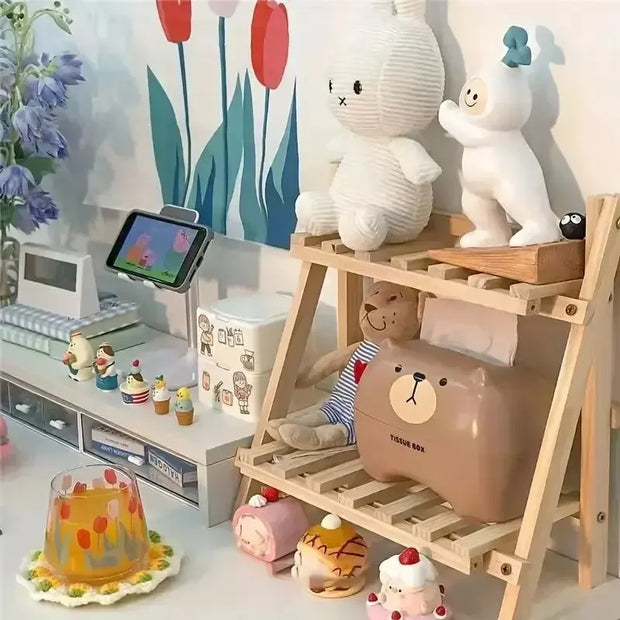 1pc Bilayer Wooden Storage Shelf  Desktop Organizer