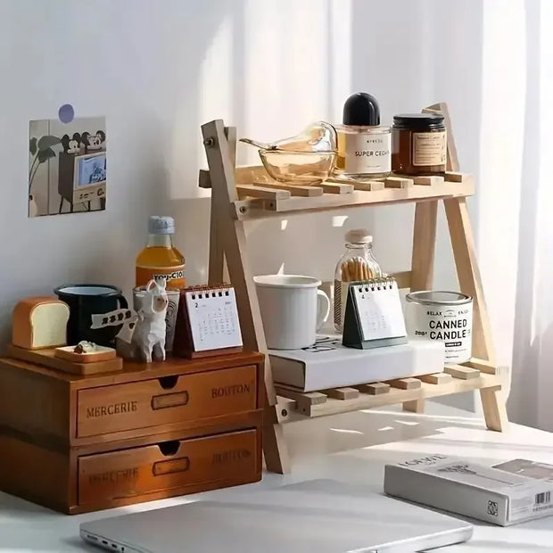 1pc Bilayer Wooden Storage Shelf  Desktop Organizer